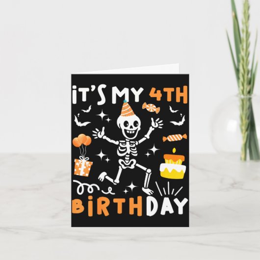 Carte 4e anniversaire enfants drôle squelette 4e anniver (Devant)
