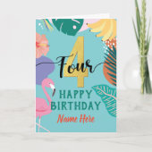 Carte 4e anniversaire Flamant rose tropical Fleur botani (Devant)