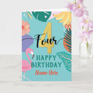 Carte 4e anniversaire Flamant rose tropical Fleur botani
