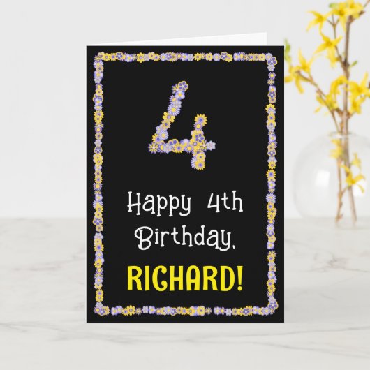 Carte 4e anniversaire : Floral Flowers Numéro, Nom perso (Fleur jaune)
