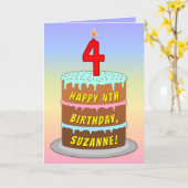 Carte 4e anniversaire — Fun Cake & Candle, avec un nom p (Fleur jaune)