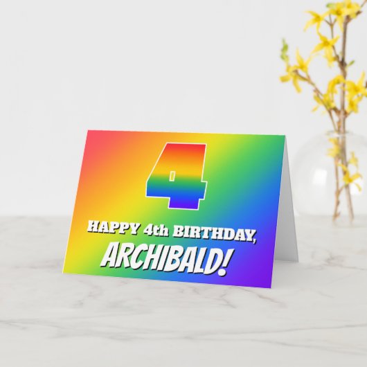 Carte 4e anniversaire : Motif arc-en-ciel multicolore #  (Fleur jaune)