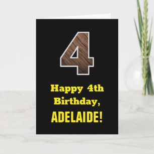 Carte 4e anniversaire : Nom, Motif Faux Wood Grain "4"