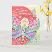 Carte 4e anniversaire, petite fille aux papillons (Fleur jaune)
