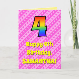 Carte 4e anniversaire : Pink Stripes & Hearts, Rainbow #