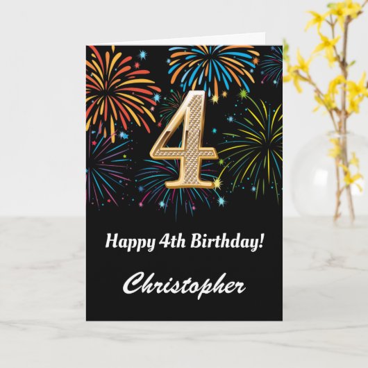Carte 4e anniversaire Rainbow Fireworks noir et or (Fleur jaune)