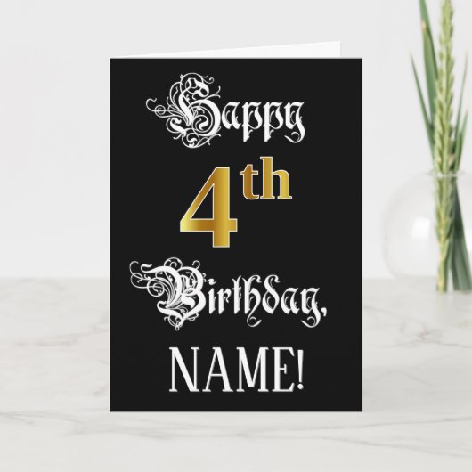 Carte 4e anniversaire — Script fantaisie; look or Faux; (Devant)