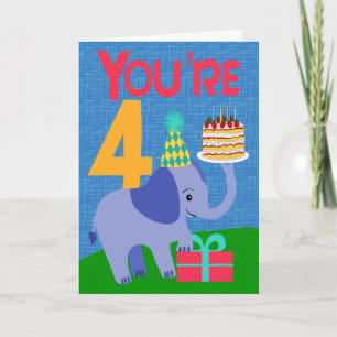 Carte 4ème anniversaire avec éléphant et gâteau