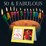 Carte 50 and Fabulous 50th Birthday Photo Yellow Red Dot<br><div class="desc">Elegant et funny 50 and Fabulous birthday. Personalize with her or his photo and name Yellow and red polka dots on the front and a funny quota on the inside. Personalize the text message and your own photo. The script style font et the colors can be change d when you...</div>