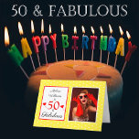 Carte 50 and Fabulous 50th Birthday Photo Yellow Red Dot<br><div class="desc">Elegant et funny 50 and Fabulous birthday. Personalize with her or his photo and name Yellow and red polka dots on the front and a funny quota on the inside. Personalize the text message and your own photo. The script style font et the colors can be change d when you...</div>