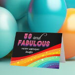 Carte 50 et fabuleux Rainbow Custom Chic 50e anniversair<br><div class="desc">Éblouissez votre ami avec cet arc-en-ciel lumineux 50 et Fabulous carte d'anniversaire personnalisée. Une typographie rose et violet au-dessus d'un arc-en-ciel coloré avec des faux éclaboussures crée une carte personnalisée étonnante. L'arrière - plan noir moderne fait vraiment apparaître vos choix de couleurs amusants et se démarquer pour une diva.</div>