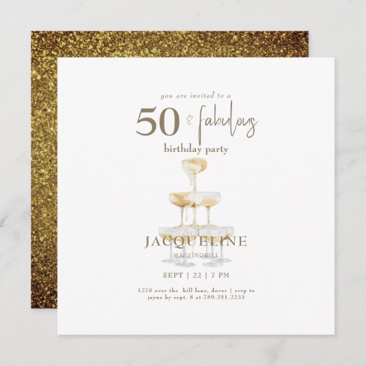 Carte 50 & Fabuleux Glam Gold Carré fête d'anniversaire (Devant / Derrière)