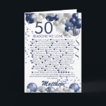 Carte 50e anniversaire 50 raisons Nous vous aimons<br><div class="desc">Une magnifique carte d'anniversaire marine et en ballon d'argent, joyeux 50ème anniversaire (ou tout âge). Ce design fabuleux est la façon parfaite de souhaiter à quelqu'un les 50 raisons pour lesquelles vous les aimez, et de leur souhaiter un joyeux cinquantième anniversaire (ou changer d'âge!) Personnalisez avec notre propre nom et...</div>