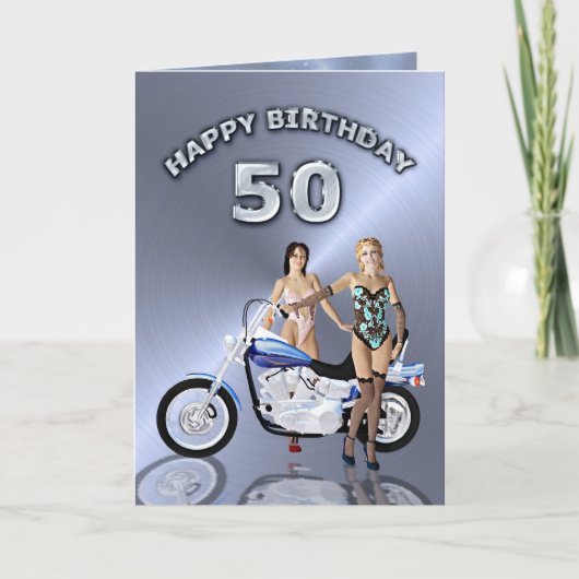 Carte 50e anniversaire avec des filles et une moto (Devant)