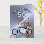Carte 50e anniversaire avec des filles et une moto (Fleur jaune)