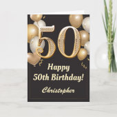 Carte 50e anniversaire Ballons Noir et Or Confetti (Devant)