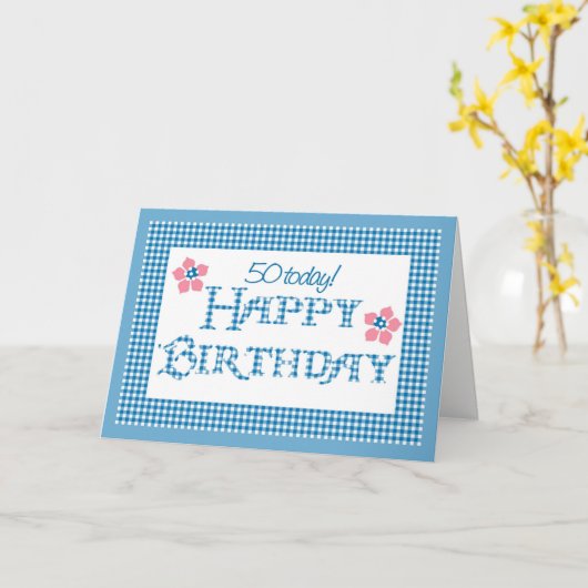 Carte 50e anniversaire, Blue Check Gingham Pattern (Fleur jaune)