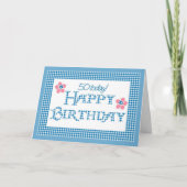Carte 50e anniversaire, Blue Check Gingham Pattern (Devant)