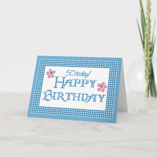 Carte 50e anniversaire, Blue Check Gingham Pattern (Devant)