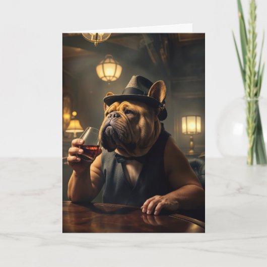 Carte 50e anniversaire Bulldog tenant un verre (Devant)