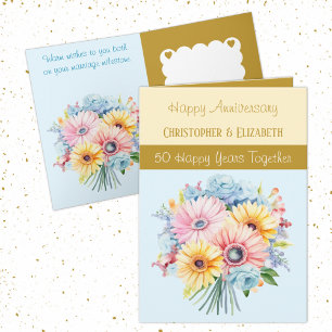 Carte 50e anniversaire de l'or fleurs bleues