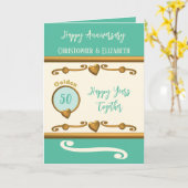 Carte 50e Anniversaire d'or ajouter des noms vert océan (Fleur jaune)