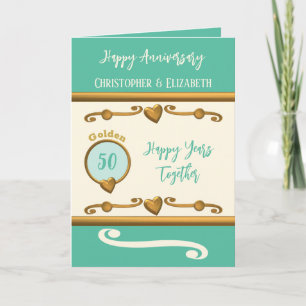 Carte 50e Anniversaire d'or ajouter des noms vert océan