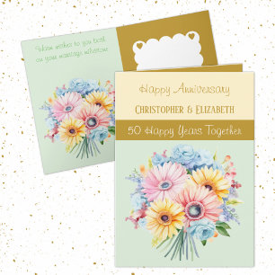 Carte 50e Anniversaire d'or fleurs vertes