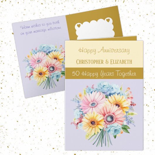 Carte 50e Anniversaire d'or fleurs violet