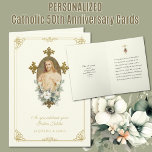 Carte 50e anniversaire du jubilé Mariage catholique Jésu<br><div class="desc">Célébrez un anniversaire Mariage spécial en couple avec cette belle image catholique traditionnelle du Sacré-Coeur de Jésus. A l'intérieur,  on trouve un verset d'écriture,  une croix d'or avec des anneaux mariages,  et l'image du Sacré-Coeur. Tout le texte et les polices peuvent être modifiés.</div>