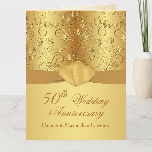 Carte 50e anniversaire du Mariage Coeurs d'or floraux (Devant)