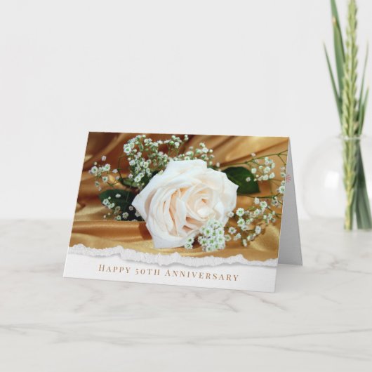 Carte 50e anniversaire du mariage rose blanche sur or (Devant)