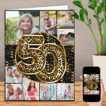 Carte 50e anniversaire Empreinte de léopard Ballons d'or<br><div class="desc">Carte de 50ème anniversaire personnalisée avec 9 photos personnalisées et ballons en papier empreinte de léopard tendance en noir et or. Le modèle est prêt pour vous à télécharger 9 de vos photos préférées qui sont affichées dans un collage photo en formats carré et portrait. Vos photos entourent les ballons...</div>