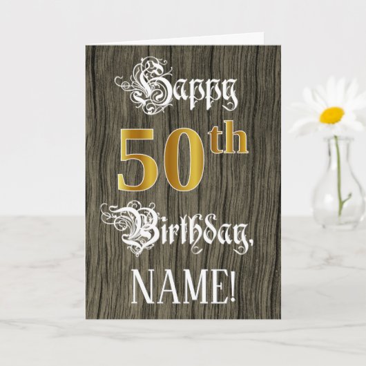 Carte 50e anniversaire : Faux Gold Look + Faux Wood Moti (Petite plante)