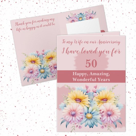 Carte 50e Anniversaire femme gerbera floral rose