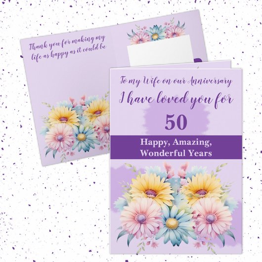 Carte 50e Anniversaire femme gerbera floral violet