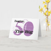 Carte 50e anniversaire fille, texte noir & mauve, blanc. (Fleur jaune)