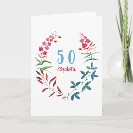Carte 50e anniversaire Floral Aquarelle Rouge Bleu fleur (Devant)