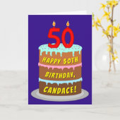 Carte 50e anniversaire : Fun Cake and Candles + Nom pers (Fleur jaune)