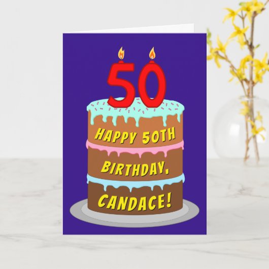 Carte 50e anniversaire : Fun Cake and Candles + Nom pers (Fleur jaune)
