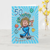 Carte 50e Anniversaire - Fun Lady Avec Verre De Vi (Fleur jaune)