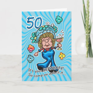 Carte 50e Anniversaire - Fun Lady Avec Verre De Vi