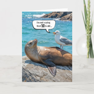 Carte 50e anniversaire Humour mouette perché sur un lion