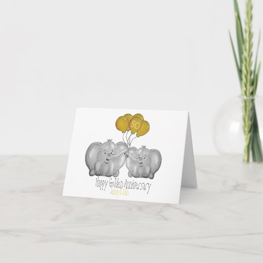 Carte 50e Anniversaire Mariage d'or, éléphant mignon (Devant)