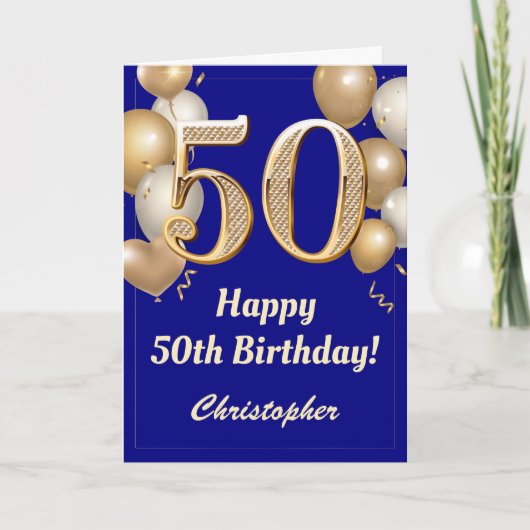 Carte 50e anniversaire Marine Bleu et Ballons d'or Confe (Devant)