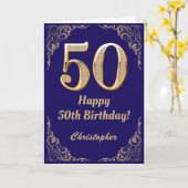 Carte 50e anniversaire Marine Parties scintillant bleu e (Fleur jaune)