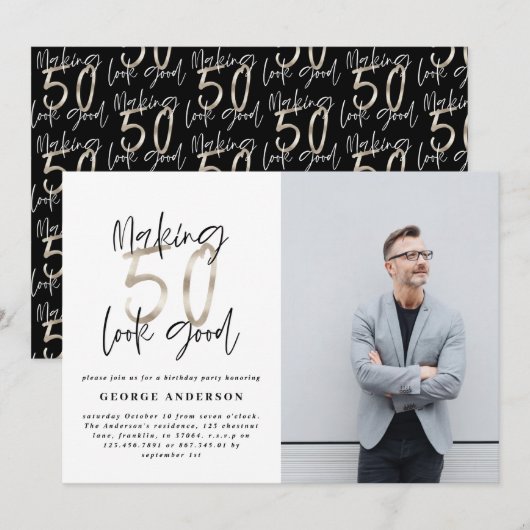 Carte 50e anniversaire noir argent élégant moderne (Devant / Derrière)