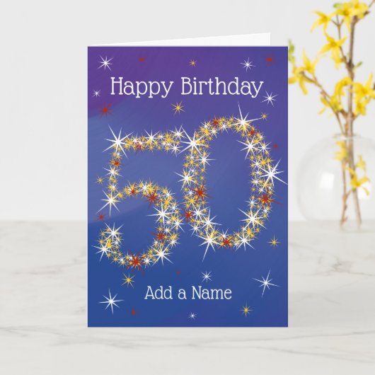 Carte 50e anniversaire - Numéro 50 en étoiles - Bleu - Â (Fleur jaune)