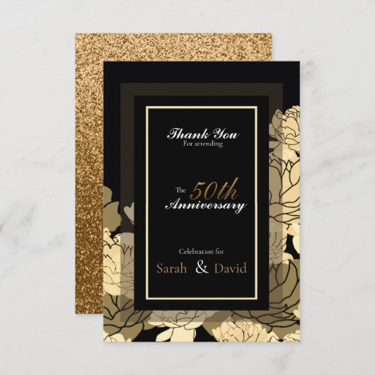 Carte 50e anniversaire or, jaune & bronze rose merci (Devant / Derrière)