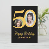 Carte 50e anniversaire or noir photo personnalisée (Debout devant)